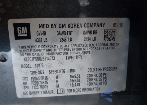 2018 Chevrolet Trax Lt from USA, damaged, VIN KL7CJPSB8JB714673